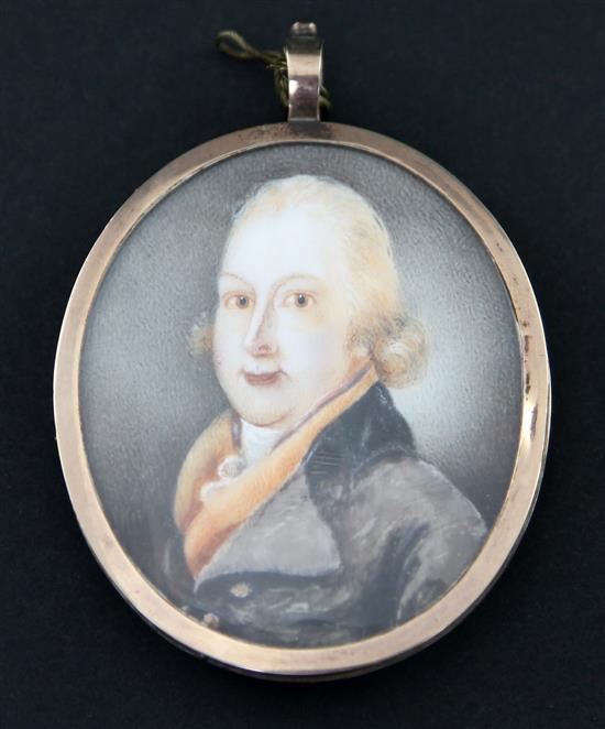 19th century English School Miniature of a gentleman, 2.5 x 2in, gold frame with hair back